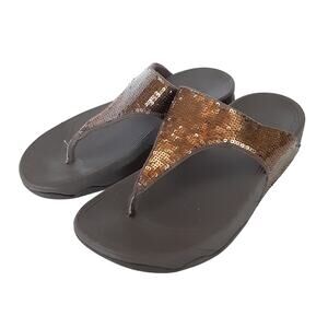 Fit Flop Electra Sequin Toe Post Sandals Womens 6 Tan Thong Shoe Orthotic